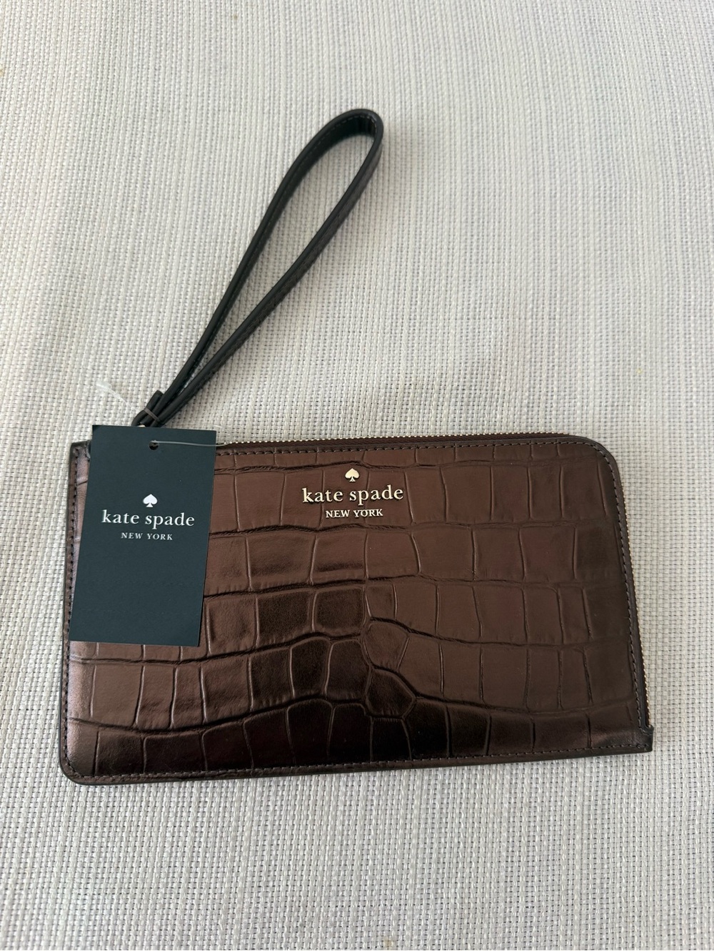 kate spade Lucy mid zip dark brown croc-embossed leather wristlet pouch